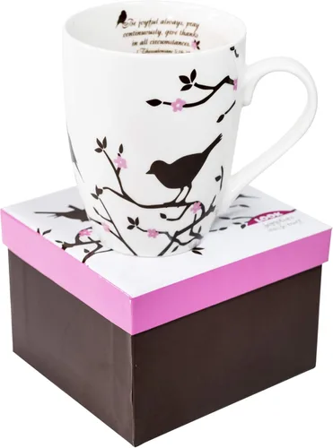 Divinity Boutique Taza inspiradora de cerámica, pájaros marrones sobre blanco, 1 Tesalonicenses 5:16-17, The Joyful Always Pray, multicolor, talla