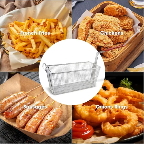 Miniatura 7 de Paquete de 4 cestas de acero inoxidable para freidora con asas antideslizantes, 13.25 x 6.5 x 6 pulgadas, cestas de papas fritas de grado comercial