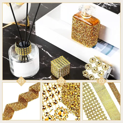Miniatura 4 de WILLBOND 3 rollos de 3 yardas de cinta de diamantes de imitación de cristal brillante, 3 estilos, cintas de diamantes dorados, malla de flores