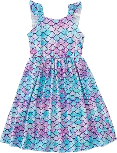 Miniatura 6 de Vieille Vestido de verano para niñas pequeñas, con volantes, manga corta, lindo vestido de sirena sin espalda para niños, vestido de playa casual