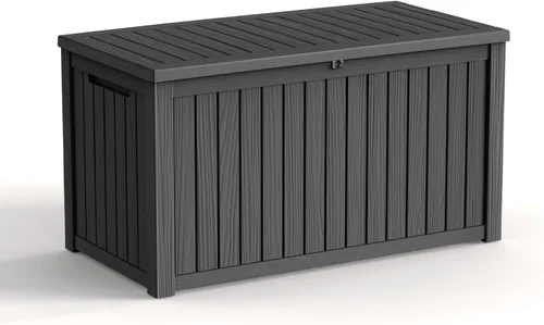 Miniatura 13 de Caja de almacenamiento impermeable para exteriores de 180 galones, caja de resina resistente a los rayos UV con varilla hidráulica para mayor 2-Gris