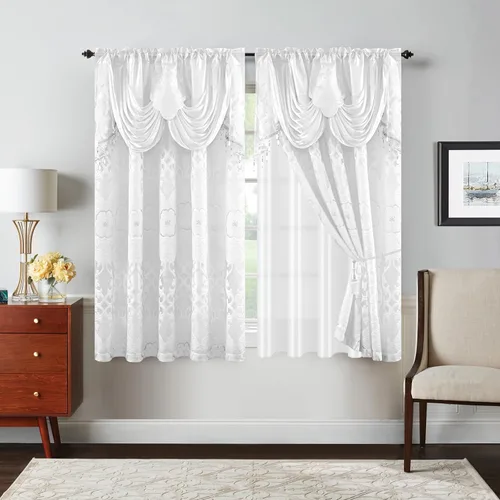 Miniatura 17 de Petrichor Cortinas de gasa jacquard transparente borgoña (54 pulgadas de ancho x 63 pulgadas de largo), 2 paneles con cenefa adjunta, diseño floral