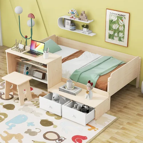 Miniatura 15 de Cama de plataforma de madera de tamaño individual con cabecero y estribo en forma de oso, sin ruido, para niños, adolescentes, niños y niñas,