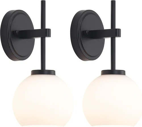 Miniatura 17 de Juego de 2 apliques de pared cableados negros y dorados, modernos apliques de tocador de baño con pantalla de vidrio transparente, luces de montaje