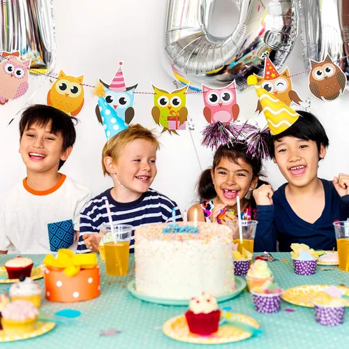 Miniatura 6 de 4 coloridas pancartas de cumpleaños con diseño de búho, decoraciones de fiesta temática para baby shower y fiestas de cumpleaños