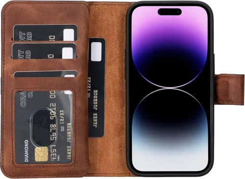 Miniatura 17 de HARDISTON Funda de piel auténtica de alta calidad hecha a mano para iPhone 11 Pro de 5.8 pulgadas, tarjeteros de doble folio, funda magnética Negro