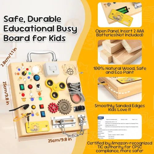 Miniatura 2 de Tabla Ocupada de Madera con Luz LED – Juguetes de Aprendizaje Montessori para Bebés de 1 a 4 años, Tabla de Actividades Sensoriales, Juguetes