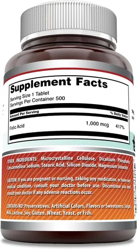 Miniatura 2 de Amazing Formulas Suplemento de ácido fólico de 1000 Mcg (1 mg) en tabletas, vitamina B9, sin OMG, sin gluten, fabricado en Estados Unidos
