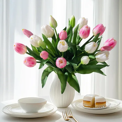 Miniatura 13 de Bailikang 20 piezas de tulipanes artificiales, flores de seda de tulipanes falsos, ramo artificial de PU, flores artificiales de imitación con caja