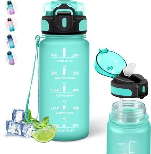 Botella de agua – 16.9 fl oz – Botella de agua para niños, botella de sorbete a prueba de fugas, botella deportiva con marcador de tiempo, botella