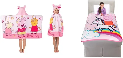 Peppa Pig - Paquete de baño y ropa de cama para niños | Toalla suave con capucha (24 x 50 pulgadas) + manta de micro raschel súper suave (46 x 60