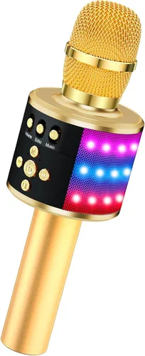 Miniatura 17 de BONAOK Micrófono de karaoke para niños y adultos, micrófonos Bluetooth, micrófono para cantar con luces de discoteca, efecto eco, altavoz integrado