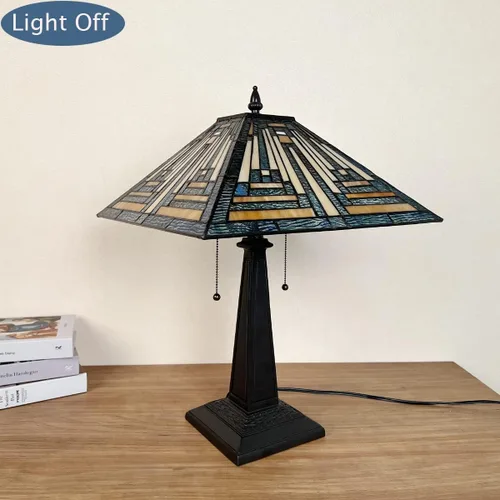 Miniatura 8 de Tiffany - Lámparas de mesa de 16 pulgadas de ancho hechas a mano con vitrales para lectura, 2 luces, estilo misión azul, luz de mesa antigua