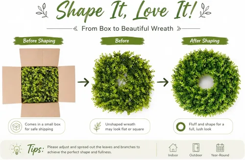 Miniatura 4 de DDHS Corona de boj de 18 pulgadas para puerta principal – Corona artificial verde de casa de campo, decoración DIY para primavera, verano, otoño e