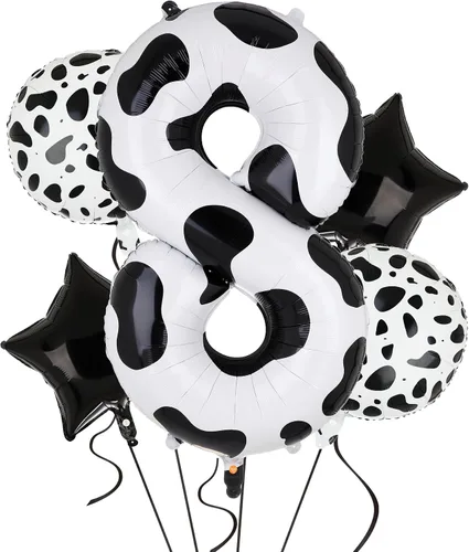 Miniatura 7 de Globo de 40 pulgadas con estampado de vaca con número 0 globos blancos con estampado de vaca, temática de vaquera, para niños, 10º cumpleaños
