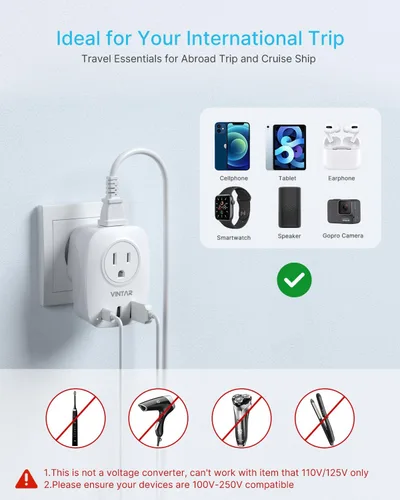 Miniatura 6 de VINTAR - Paquete de 2 adaptadores de enchufe de viaje europeo, enchufe internacional plegable con 2 salidas de CA, 3 puertos USB (2 USB C), cargador