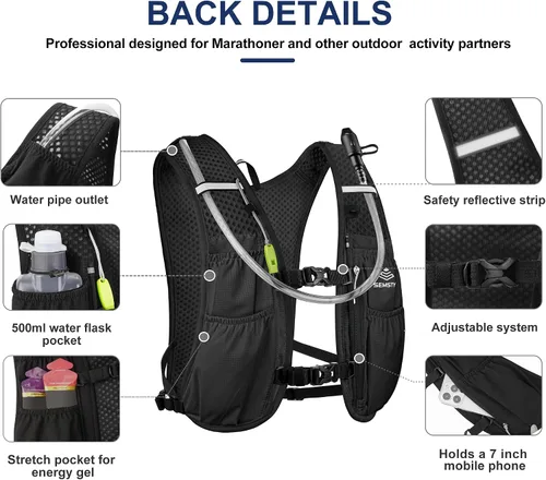 Miniatura 3 de Chaleco de Hidratación para Correr 5L, Paquete de Chaleco para Correr con Vejiga de Agua de 1.5L, Mochila de Agua Ligera para Senderismo, Correr