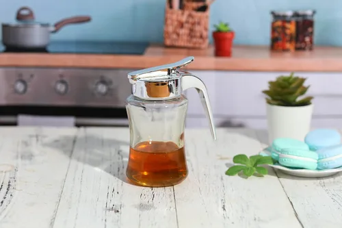 Miniatura 6 de J&M Design Botella dispensadora de jarabe de vidrio para jarabe de arce, tarro dispensador de azúcar con asa para panqueques, café, cuenco