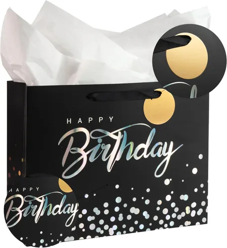 Miniatura 7 de Loveinside Bolsa de regalo de cumpleaños negra con papel de seda para cumpleaños, baby shower, fiesta y más, 13 x 5 x 10 pulgadas, 1 unidad