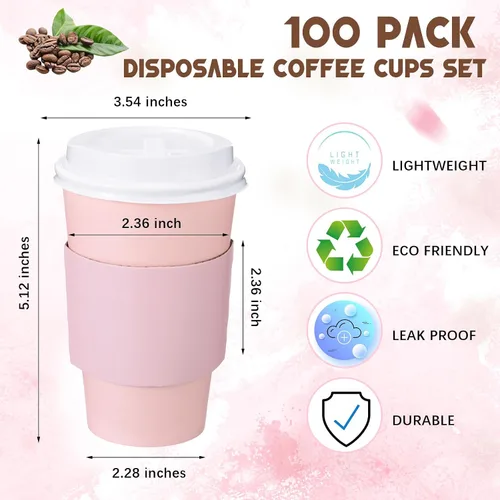 Miniatura 3 de Bokon Paquete de 100 tazas de café desechables de 16 onzas, tazas de café de papel de graduación a granel con tapas, popotes aislados