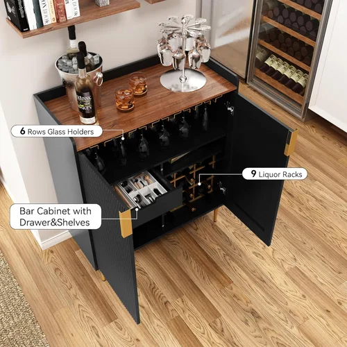 Miniatura 4 de ARTPOWER Aparador Buffet con Textura Acanalada, Gabinete Moderno de Barra de Café con Estante para Vinos y Cajones, Gabinete Negro de Licor