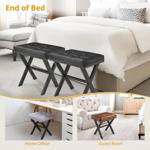 Miniatura 6 de LUE BONA Taburete de tocador, asiento cuadrado de maquillaje de piel sintética con patas en X de metal, pequeña silla otomana para sala