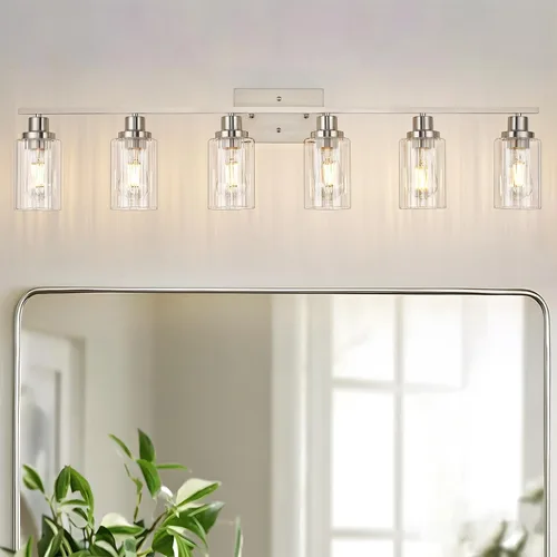 Miniatura 18 de Jonsi Accesorios de iluminación de baño dorados, 2 luces de tocador de oro cepillado con pantalla de vidrio estriada, luces modernas sobre espejo