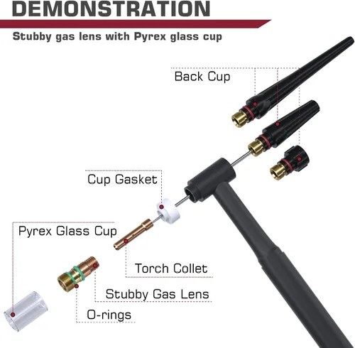 Miniatura 5 de ARCCAPTAIN 49 piezas Kit de accesorios para antorcha de soldadura TIG, boquilla de alúmina, colet, cuerpo, lente de gas gruesa, #10 Copa de vidrio