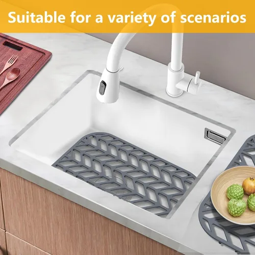 Miniatura 6 de Protectores de fregadero de cocina de 12 x 11 y 13 x 11 pulgadas, protectores de silicona para fregadero de cocina para la parte inferior del Gris