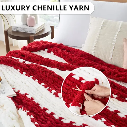 Miniatura 3 de L'AGRATY Manta de punto grueso – Manta suave de 50 x 60 pulgadas: 100% tejida a mano de chenil de ganchillo para sofá – Manta grande de punto Rojo