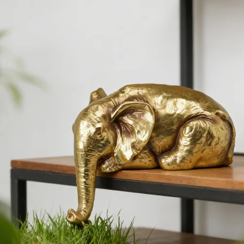 Braxio Estatua de elefante para decoración del hogar, escultura abstracta de elefante dorado de resina para estantes, escritorio, mesa, oficina,