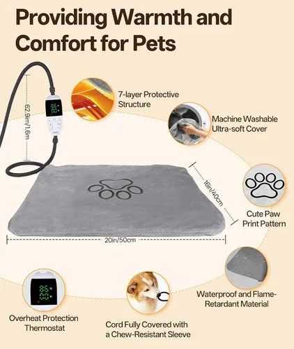 Miniatura 2 de Almohadilla térmica para mascotas para gatos y perros pequeños con 12 temperaturas ajustables, impermeable y resistente a las mordidas, almohadilla