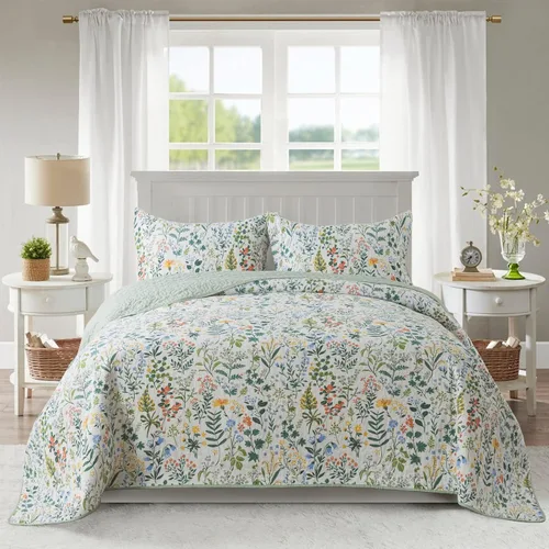 Miniatura 10 de NEWLAKE - Juego de cubrecama reversible de microfibra bordada con patrón floral en relieve en jacquard beige, tamaño queen