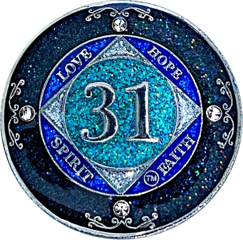 Miniatura 21 de NA 1 año de cristales y medallón de purpurina, moneda chapada en color plateado, arco iris negro, purpurina azul y cuatro cristales transparentes