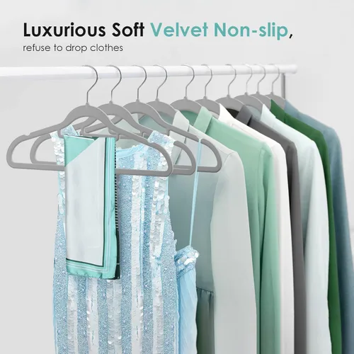 Miniatura 9 de DUDUCOFU Perchas de terciopelo antideslizantes de fieltro, paquete de 50 perchas de terciopelo gris para ropa que ahorran espacio, con gancho