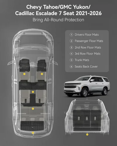 Miniatura 3 de 3W Alfombras para suelo y revestimiento para el maletero y respaldos de asientos para 2021-2026 (Solo 7 asientos) Chevrolet Chevy Tahoe/GMC Yukon