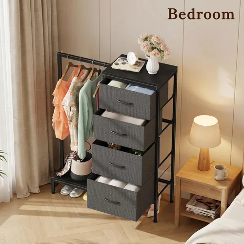 Miniatura 8 de HIGDBFE Cómoda con Perchero Colgante, 4 Cajones Armario Pequeño para Dormitorio, Cómoda de Tela Reversible para Niños con Perchero, Torre de Gris