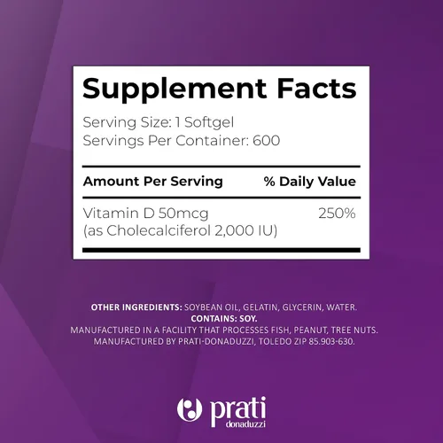 Miniatura 5 de Prati Donaduzzi Vitamina D3 2,000 UI (50 mcg) cápsulas blandas 600 unidades - Suplemento diario de sol para apoyo óseo y dental - Suministro