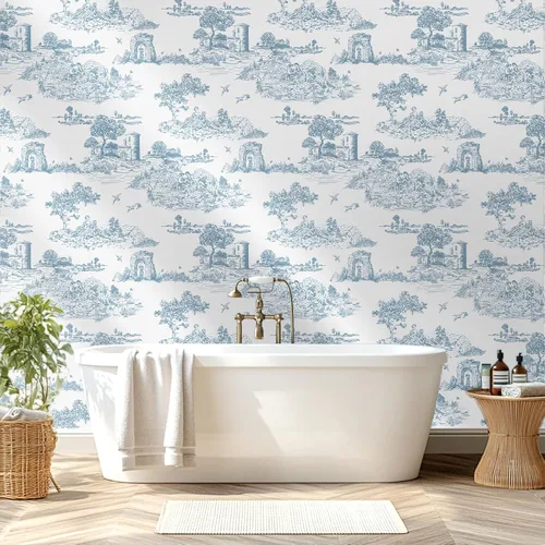Miniatura 8 de WENMER Toile de Jouy - Papel de contacto Toile de Jouy, papel tapiz azul y blanco, papel adhesivo vintage de país francés para dormitorio, sala