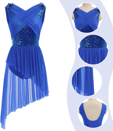 Miniatura 6 de AFAVOM Disfraz de baile lírico para mujer, vestido de lentejuelas con flores, falda asimétrica de tul fluida, disfraces de danza contemporánea