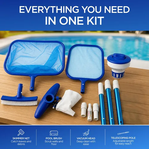 Miniatura 6 de FibroPool Kit de mantenimiento de piscina sobre el suelo – Poste telescópico, red desnatadora de hojas, cabezal de vacío, cepillo de piscina