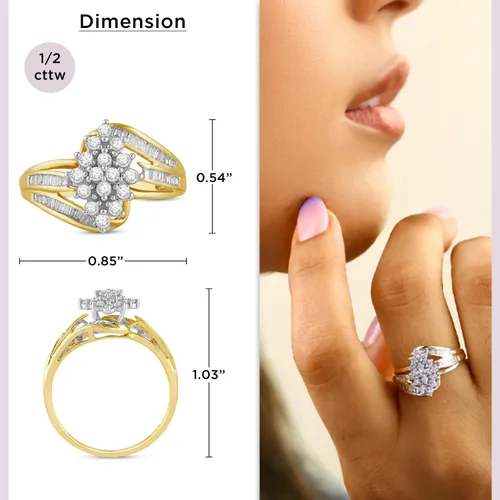 Miniatura 3 de Anillo de oro amarillo de 10 quilates de Jewelili con diamantes blancos naturales redondos y de corte baguette de 12 CTW para mujeres Joyería fina