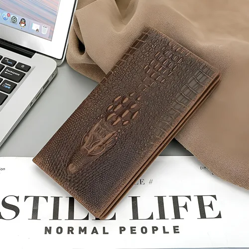 Miniatura 9 de Cartera larga para hombre, doble pliegue, piel de vaca de grano superior, estampado de cocodrilo, múltiples ranuras para tarjetas., Marrón, Vogue