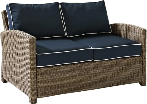 Crosley Furniture KO70022WB-NV Bradenton Sofá biplaza de mimbre para exteriores, marrón con cojines azul marino