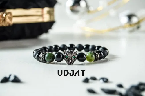 Miniatura 4 de Udjat Pulsera de cabeza de leopardo de pantera negra de la suerte, jade elástico hecho a mano, pulseras de chakras para mujer, pulsera de jade