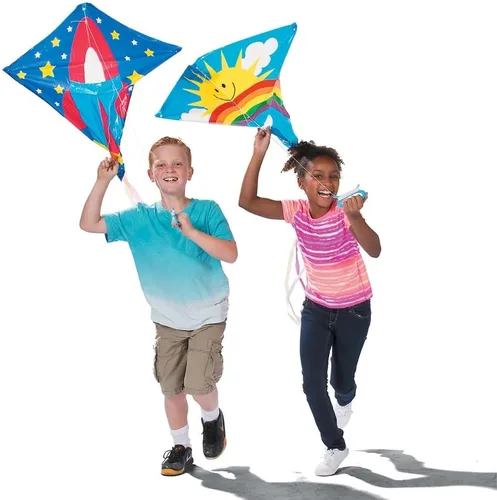 Miniatura 3 de Fun Express - Paquete surtido de cometas voladoras de 28 x 28 pulgadas con colas de 54 pulgadas, estilos y colores surtidos, 200 pies de cuerda