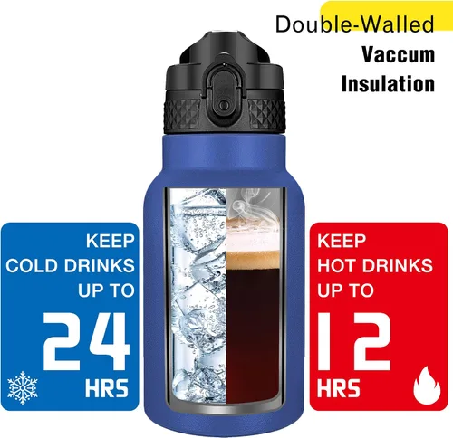 Miniatura 6 de Han's Bottle Botella de agua para niños con tapa con pajilla, vaso reutilizable de acero inoxidable aislado para niñas, niños, taza térmica, 12 Azul