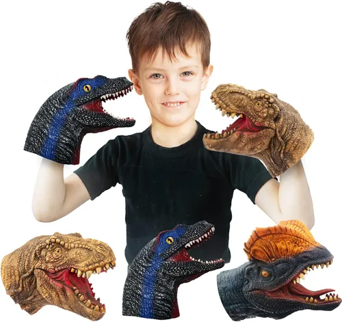 Yolococa Marionetas de mano de dinosaurio, juego de marionetas de animales de látex de 3 piezas con T Rex, velociraptor y dilophosaurus para contar