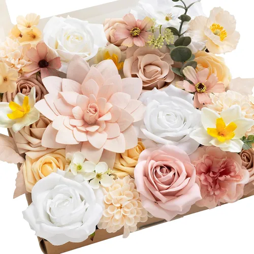 Miniatura 19 de Ling's moment Caja de Flores Falsas, Tallos de Vegetación Artificial Falsa, Rosas de Espuma, Peonías de Seda con Bayas, Eucalipto, Flor de Tela