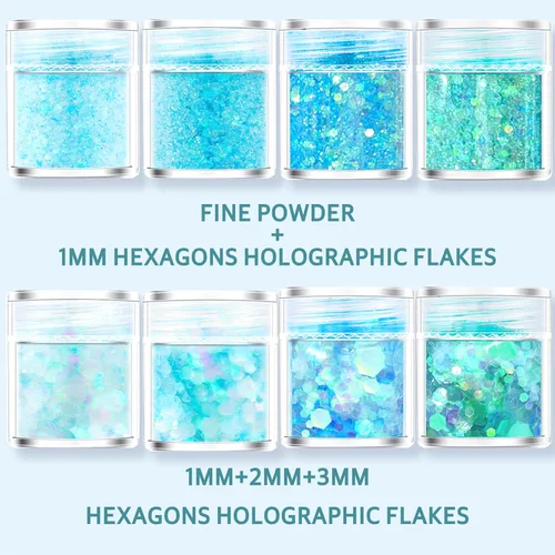 Miniatura 2 de GABOX Juego de 8 tarros de purpurina azul hielo, polvo fino holográfico y copos de lentejuelas de 0.039 in, 0.079 in y 0.118 in para cosméticos